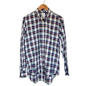 Billy Reid Plaid Check Long Sleeve Button Down Shirt Standard Fit Navy Medium